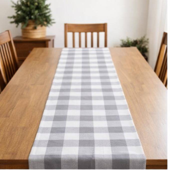 Cotton TABLE RUNNER with design - GREY CHECK - Image 4