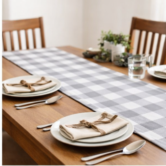 Cotton TABLE RUNNER with design - GREY CHECK - Image 3