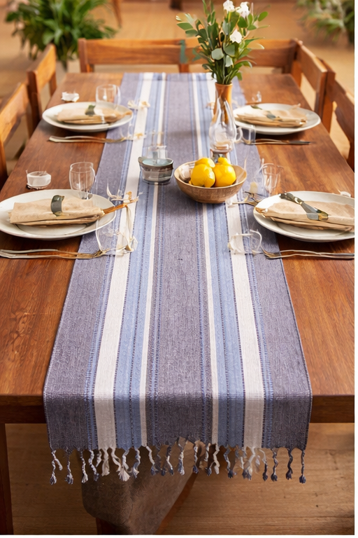Cotton TABLE RUNNER with design - BLUE STRIPE - Image 2
